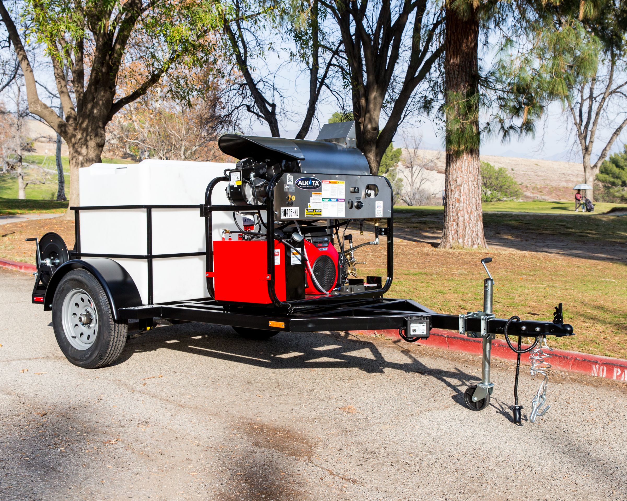 Alkota 8405HNL 8 GPM hot-water machine on a UTS230 single-axle trailer